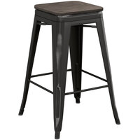 Lancaster Table & Seating Alloy Series Distressed Black Indoor Backless Counter Height Stool with Black Wood Seat