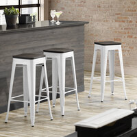 Lancaster Table & Seating Alloy Series White Metal Indoor Industrial Cafe Bar Height Stool with Black Wood Seat