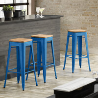 Lancaster Table & Seating Alloy Series Blue Metal Indoor Industrial Cafe Bar Height Stool with Natural Wood Seat