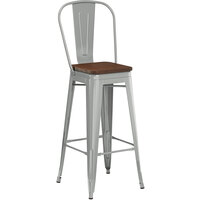 Lancaster Table & Seating Alloy Series Silver Metal Indoor Industrial Cafe Bar Height Stool with Vertical Slat Back and Walnut Wood Seat