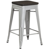 Lancaster Table & Seating Alloy Series Silver Metal Indoor Industrial Cafe Counter Height Stool with Black Wood Seat