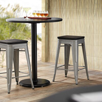 Lancaster Table & Seating Alloy Series Silver Metal Indoor Industrial Cafe Counter Height Stool with Black Wood Seat
