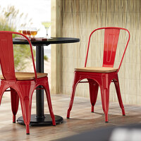Lancaster Table & Seating Alloy Series Red Metal Indoor Industrial Cafe Chair with Vertical Slat Back and Natural Wood Seat