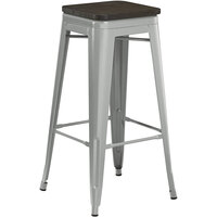 Lancaster Table & Seating Alloy Series Silver Metal Indoor Industrial Cafe Bar Height Stool with Black Wood Seat
