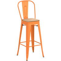 Lancaster Table & Seating Alloy Series Orange Metal Indoor Industrial Cafe Bar Height Stool with Vertical Slat Back and Natural Wood Seat