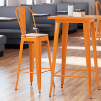 Lancaster Table & Seating Alloy Series Orange Metal Indoor Industrial Cafe Bar Height Stool with Vertical Slat Back and Natural Wood Seat