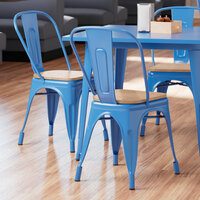 Lancaster Table & Seating Alloy Series Blue Metal Indoor Industrial Cafe Chair with Vertical Slat Back and Natural Wood Seat