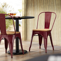 Lancaster Table & Seating Alloy Series Sangria Metal Indoor Industrial Cafe Chair with Vertical Slat Back and Natural Wood Seat