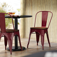 Lancaster Table & Seating Alloy Series Sangria Metal Indoor Industrial Cafe Chair with Vertical Slat Back and Walnut Wood Seat