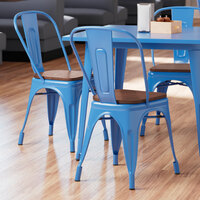 Lancaster Table & Seating Alloy Series Blue Metal Indoor Industrial Cafe Chair with Vertical Slat Back and Walnut Wood Seat