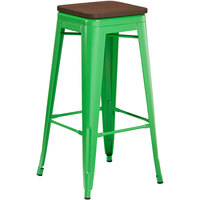 Lancaster Table & Seating Alloy Series Green Metal Indoor Industrial Cafe Bar Height Stool with Walnut Wood Seat
