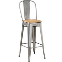 Lancaster Table & Seating Alloy Series Clear Coated Metal Indoor Industrial Cafe Bar Height Stool with Vertical Slat Back and Natural Wood Seat