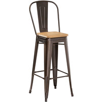 Lancaster Table & Seating Alloy Series Copper Metal Indoor Industrial Cafe Bar Height Stool with Vertical Slat Back and Natural Wood Seat