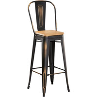 Lancaster Table & Seating Alloy Series Distressed Copper Metal Indoor Industrial Cafe Bar Height Stool with Vertical Slat Back and Natural Wood Seat