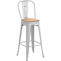 Lancaster Table & Seating Alloy Series Silver Metal Indoor Industrial Cafe Bar Height Stool with Vertical Slat Back and Natural Wood Seat