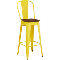 Lancaster Table & Seating Alloy Series Yellow Metal Indoor Industrial Cafe Bar Height Stool with Vertical Slat Back and Walnut Wood Seat