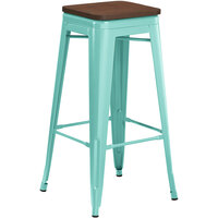 Lancaster Table & Seating Alloy Series Seafoam Metal Indoor Industrial Cafe Bar Height Stool with Walnut Wood Seat