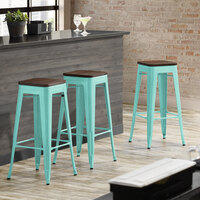 Lancaster Table & Seating Alloy Series Seafoam Metal Indoor Industrial Cafe Bar Height Stool with Walnut Wood Seat