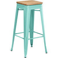 Lancaster Table & Seating Alloy Series Seafoam Metal Indoor Industrial Cafe Bar Height Stool with Natural Wood Seat