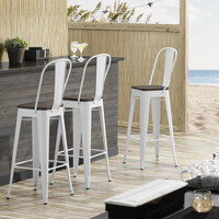 Lancaster Table & Seating Alloy Series White Metal Indoor Industrial Cafe Bar Height Stool with Vertical Slat Back and Black Wood Seat