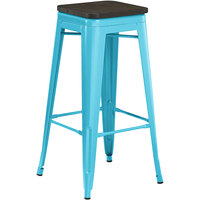 Lancaster Table & Seating Alloy Series Arctic Blue Metal Indoor Industrial Cafe Bar Height Stool with Black Wood Seat