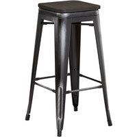Lancaster Table & Seating Alloy Series Distressed Black Metal Indoor Industrial Cafe Bar Height Stool with Black Wood Seat