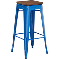 Lancaster Table & Seating Alloy Series Blue Metal Indoor Industrial Cafe Bar Height Stool with Walnut Wood Seat