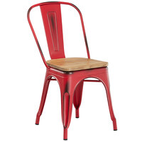 Lancaster Table & Seating Alloy Series Distressed Red Metal Indoor Industrial Cafe Chair with Vertical Slat Back and Natural Wood Seat