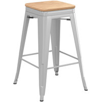 Lancaster Table & Seating Alloy Series Silver Indoor Backless Counter Height Stool with Natural Wood Seat