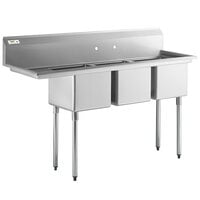 Regency 66 1/2 inch 16-Gauge Stainless Steel Three Compartment Commercial Sink with Galvanized Steel Legs and 1 Drainboard - 15 inch x 15 inch x 12 inch Bowls - Left Drainboard
