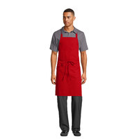 Uncommon Threads 3004 Red Customizable Poly-Cotton Twill Bib Apron with 3 Pockets - 34 inch L x 30 inch W