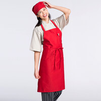 Uncommon Threads 3004 Red Customizable Poly-Cotton Twill Bib Apron with 3 Pockets - 34 inch L x 30 inch W