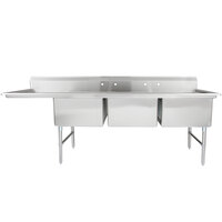 Regency 102 1/2 inch 16-Gauge Stainless Steel Three Compartment Commercial Sink with 1 Drainboard - 24 inch x 24 inch x 14 inch Bowls - Left Drainboard