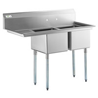 Regency 57 inch 16 Gauge Stainless Steel Two Compartment Commercial Sink with Galvanized Steel Legs and 1 Drainboard - 17 inch x 17 inch x 12 inch Bowls - Right Drainboard