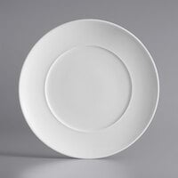 Acopa Liana 10 1/2 inch Bright White Embossed Lines Wide Rim Porcelain Plate - 12/Case