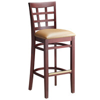 Lancaster Table & Seating Mahogany Finish Wood Window Back Bar Stool with Light Brown Vinyl Seat - Assembled