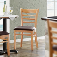 Lancaster Table & Seating Natural Finish Wooden Ladder Back Chair with 2 1/2 inch Dark Brown Padded Seat - Detached Seat