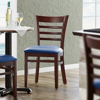 Lancaster Table & Seating Mahogany Finish Wooden Ladder Back Chair with 2 1/2 inch Navy Padded Seat - Detached Seat