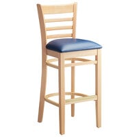 Lancaster Table & Seating Natural Finish Wood Ladder Back Bar Stool with Navy Vinyl Seat