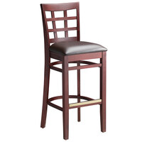 Lancaster Table & Seating Mahogany Finish Wood Window Back Bar Stool with Dark Brown Vinyl Seat - Assembled