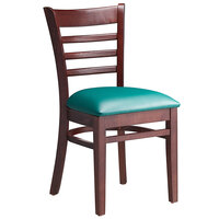Lancaster Table & Seating Mahogany Finish Wooden Ladder Back Chair with 2 1/2 inch Green Padded Seat - Detached Seat