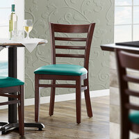Lancaster Table & Seating Mahogany Finish Wooden Ladder Back Chair with 2 1/2 inch Green Padded Seat - Detached Seat