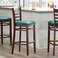 Lancaster Table & Seating Mahogany Ladder Back Bar Height Chair with Green Padded Seat - Detached Seat