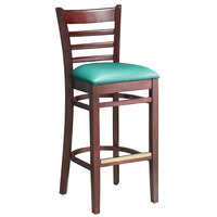 Lancaster Table & Seating Mahogany Ladder Back Bar Height Chair with Green Padded Seat - Detached Seat