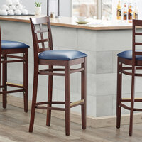 Lancaster Table & Seating Mahogany Window Back Bar Height Chair with Navy Padded Seat - Detached Seat