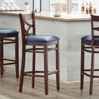 Lancaster Table & Seating Mahogany Diamond Back Bar Height Chair with 2 1/2 inch Navy Padded Seat - Detached Seat