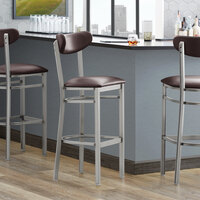 Lancaster Table & Seating Boomerang Bar Height Clear Coat Chair with Dark Brown Vinyl Seat and Back