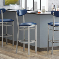 Lancaster Table & Seating Boomerang Bar Height Clear Coat Chair with Navy Vinyl Seat and Back