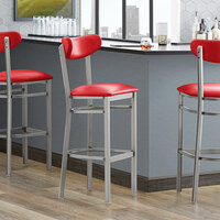 Lancaster Table & Seating Boomerang Bar Height Clear Coat Chair with Red Vinyl Seat and Back