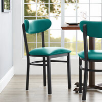 Lancaster Table & Seating Boomerang Black Finish Chair with 2 1/2 inch Green Vinyl Padded Seat and Back